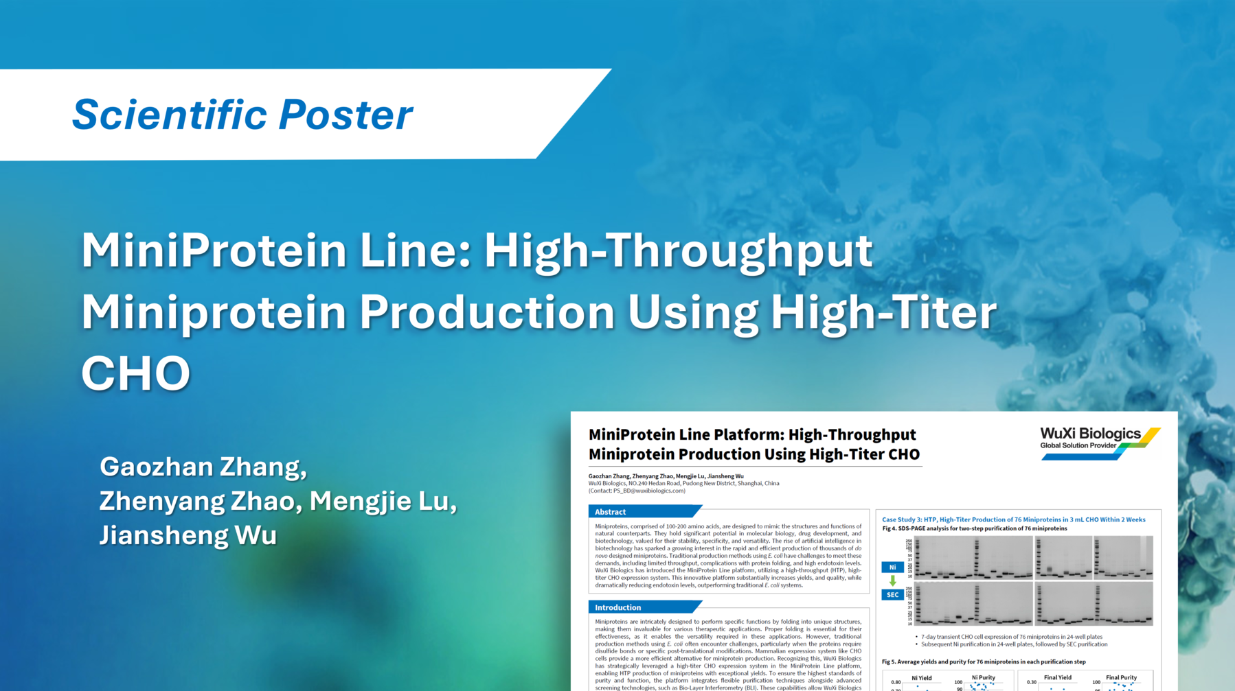 Poster summarizing WuXi Biologics’ MiniProtein Line platform for HTP, high-titer CHO production of miniproteins in different scales