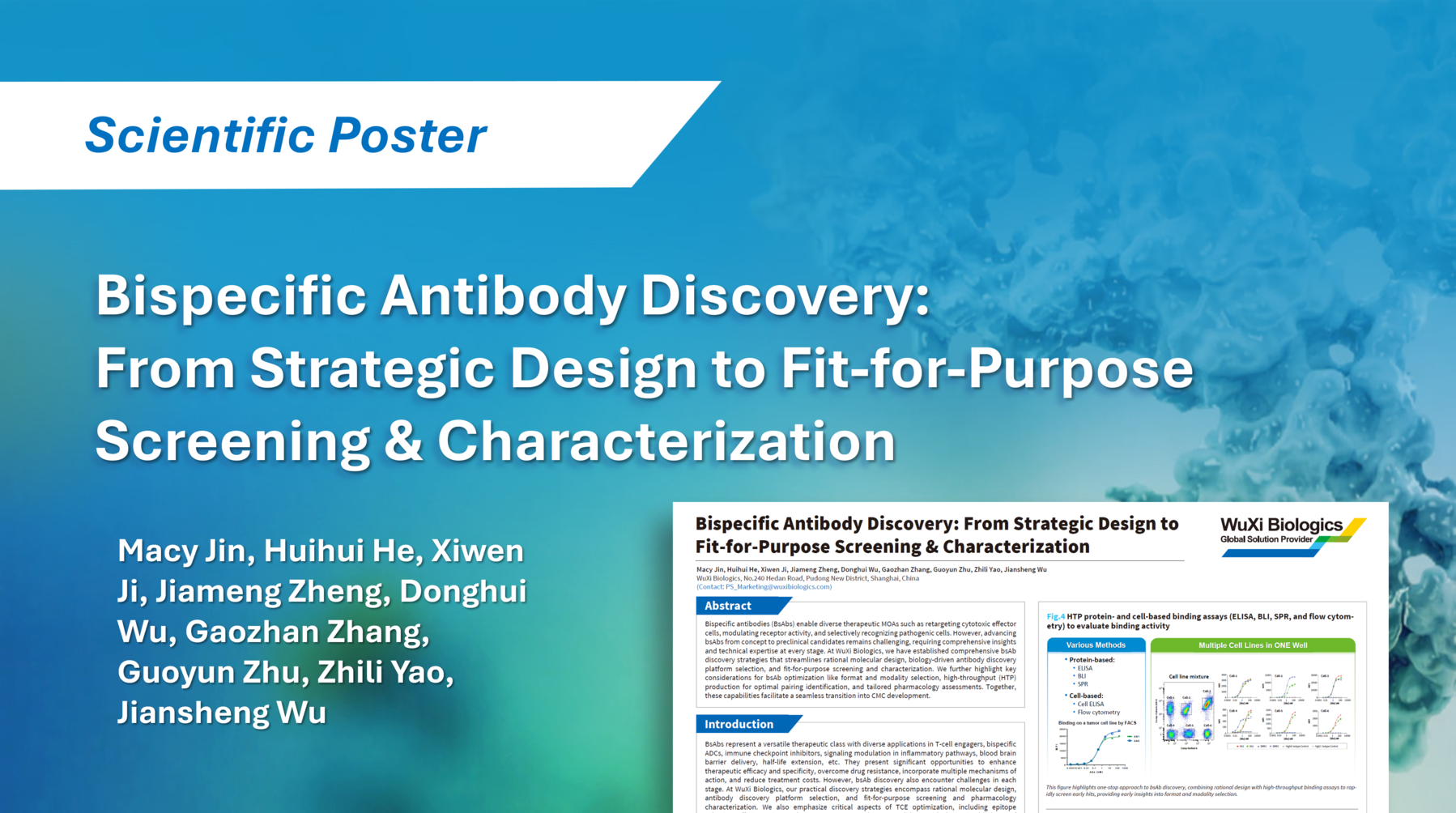 Scientific poster illustrating WuXi Biologics’ one-stop approach to bsAb discovery, covering rational design, high-throughput screening/production, and tailored pharmacology