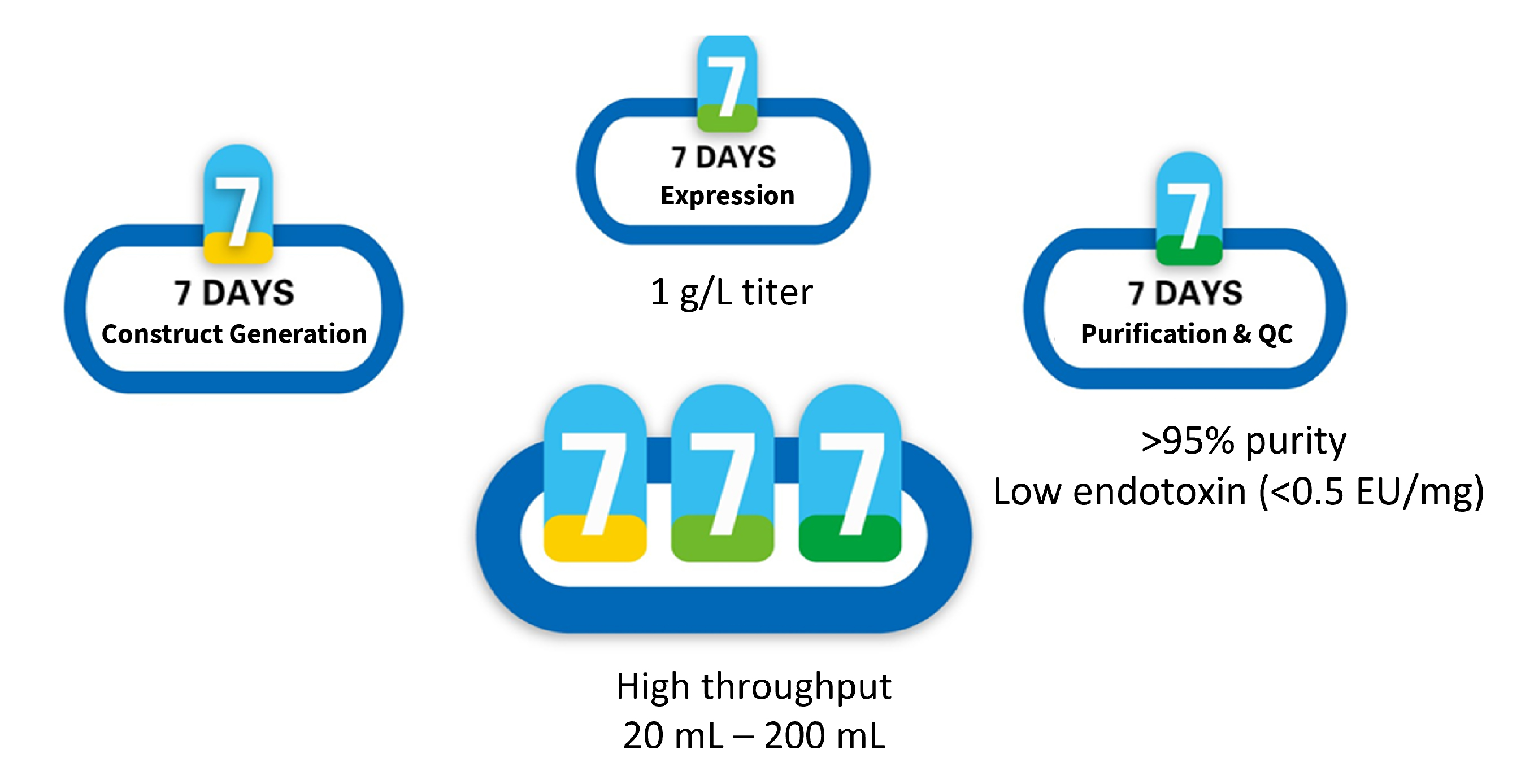 777 utilizes 7 days for construct generation, 7 days for CHO expression with 1 g/L titer, and 7 days for purification & QC, enabling HTP production of low aggregates (>95% monomer) and low endotoxin (