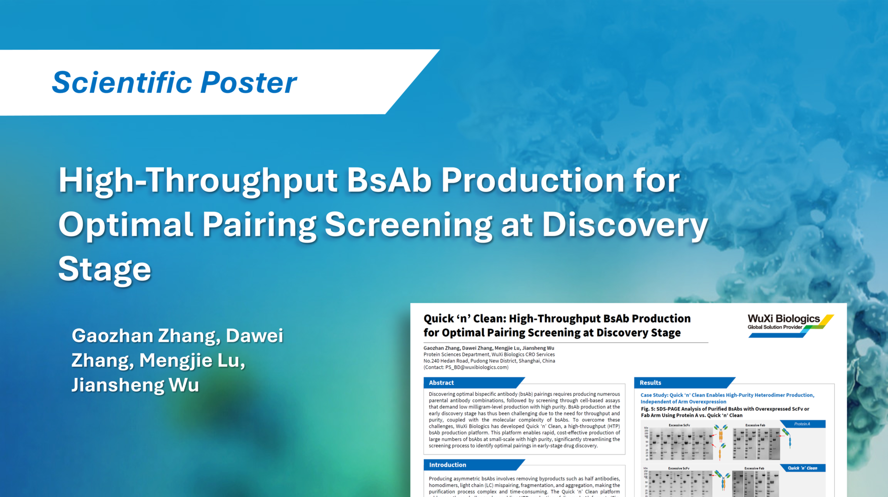Poster showcasing WuXi Biologics’ Quick ‘n’ Clean platform for high-throughput bispecific antibody production with >99% heterodimer purity