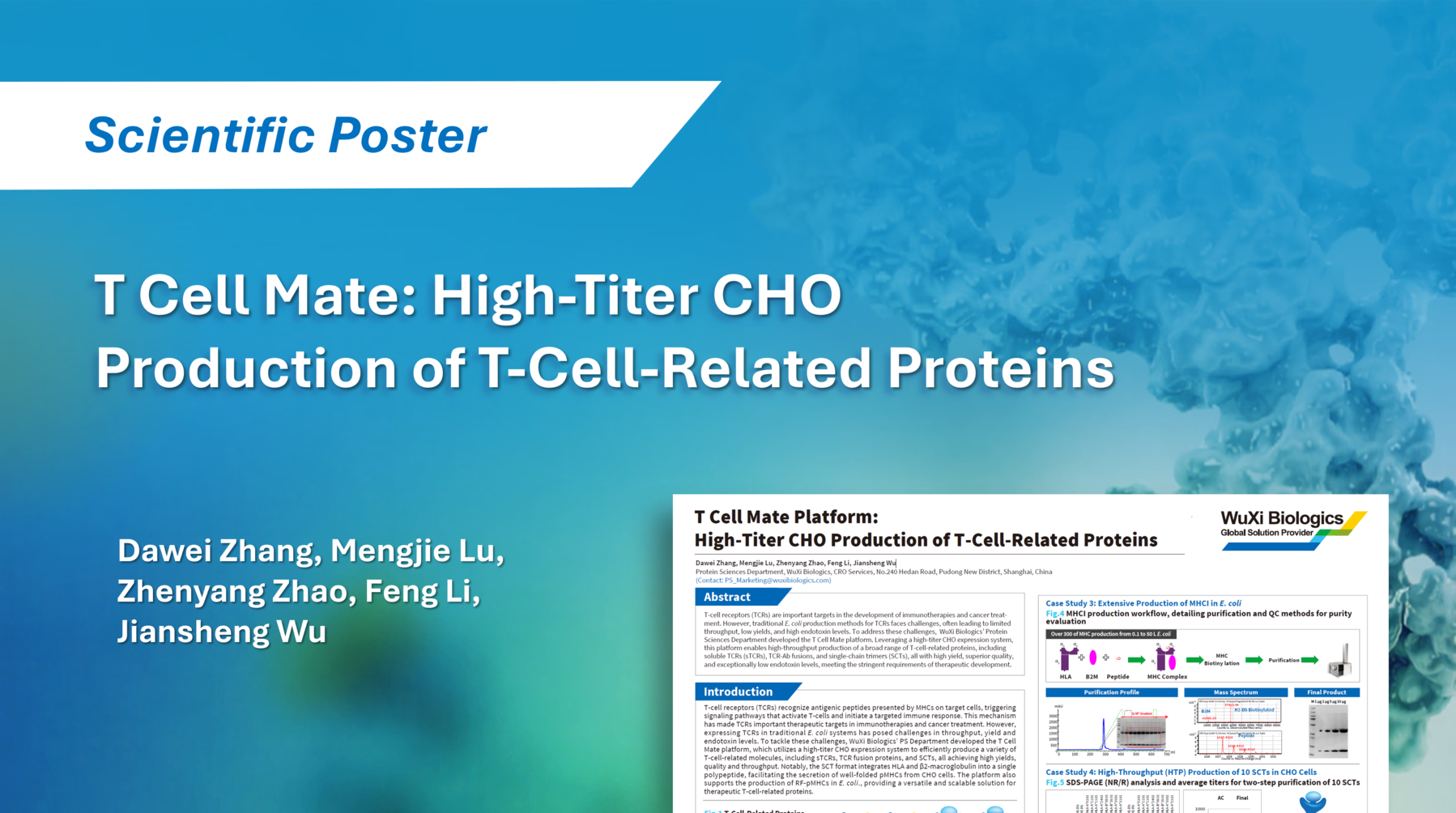 Poster showcasing WuXi Biologics’ T Cell Mate platform enabling high-titer CHO expression of sTCRs, TCR-Ab fusions, SCTs, and RF-pMHC (in E. coli)
