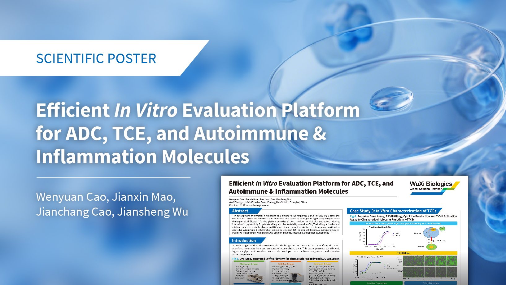 Scientific poster illustrating WuXi Biologics’ integrated in vitro evaluation platform for ADC, TCE, and autoimmune & inflammation targets