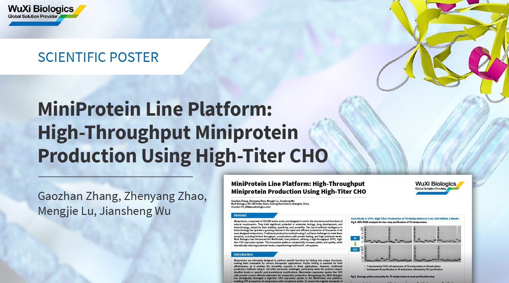 Poster summarizing WuXi Biologics’ MiniProtein Line platform for HTP, high-titer CHO production of miniproteins in different scales