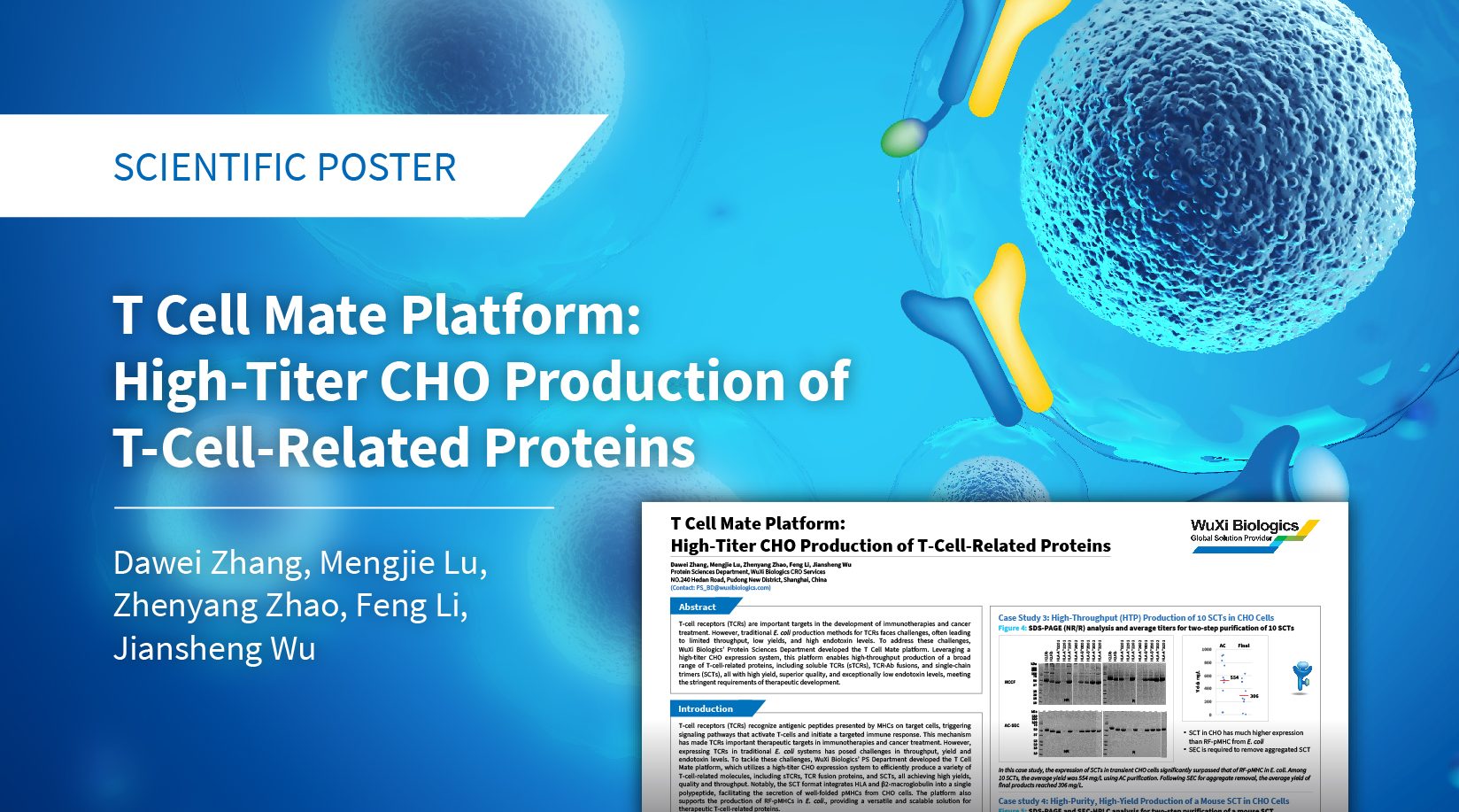 Poster showcasing WuXi Biologics’ T Cell Mate platform enabling high-titer CHO expression of sTCRs, TCR-Ab fusions, SCTs, and RF-pMHC (in E. coli)