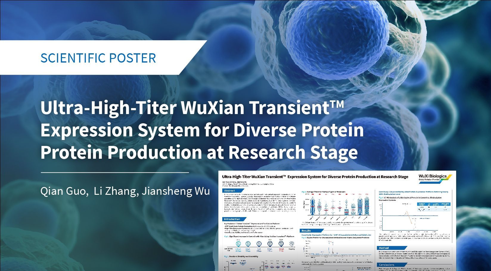 Poster summarizing WuXian Transient™ platform with HTP daily capacity, 2.6 g/L titers of control mAbs in 7 days, scalable expression, and tailored production of proteins with diverse PTMs