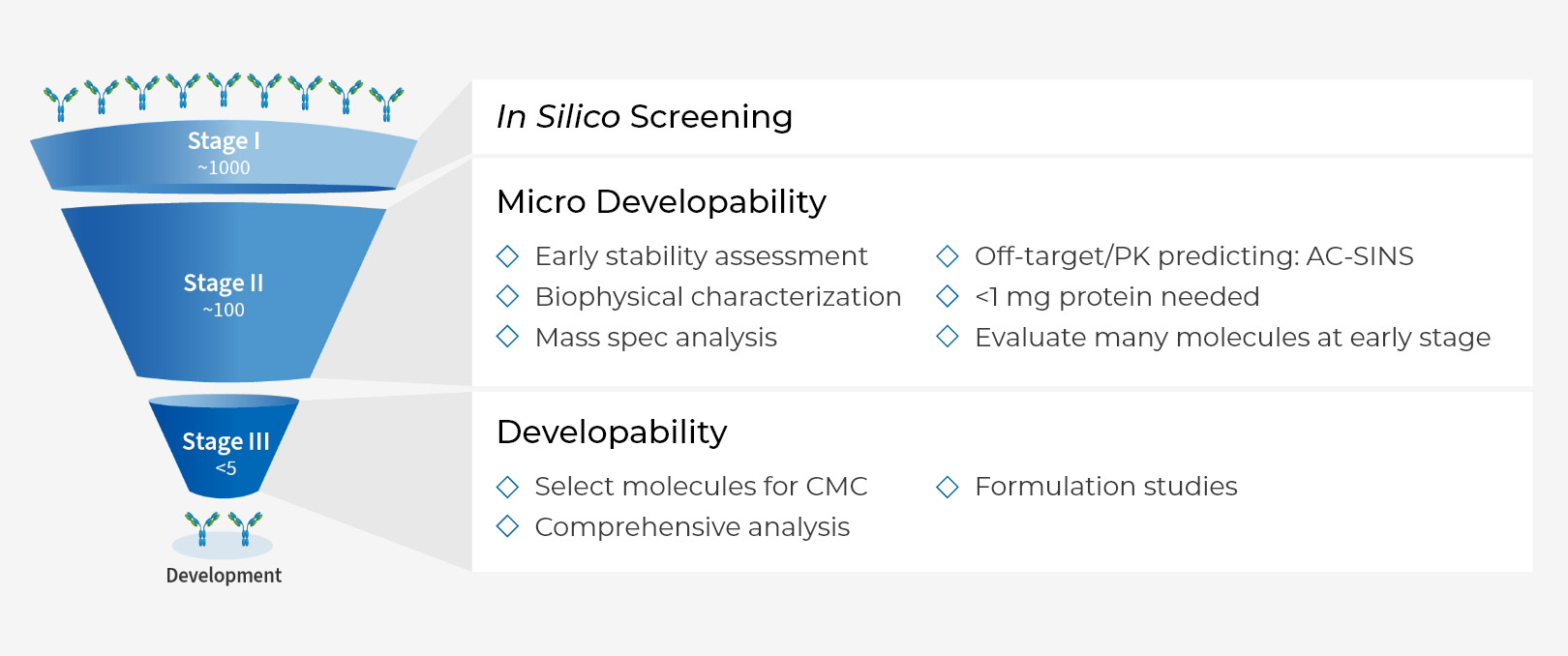 Our Micro Developability services cover in silico analysis, PK prediction, biophysical characterization via mass spec analysis, and early-stage product stability.
