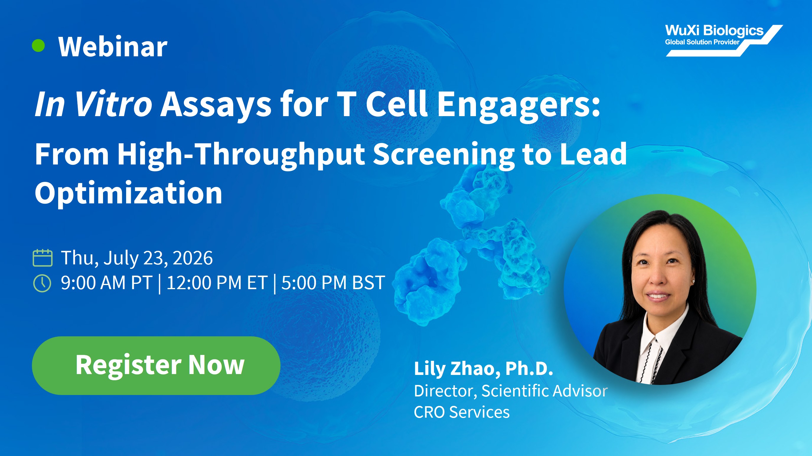 Webinar highlighting stage-based in vitro assay design for T cell engager drug discovery, from T cell activation, cytotoxicity, cytokine release, and potency to advanced serial killing assays.