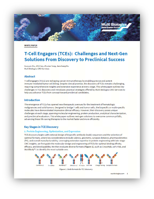 White paper cover on T cell engagers (TCEs) discussing key challenges and next-generation solutions from discovery to preclinical success.